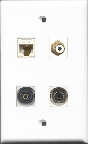 RiteAV 1 Port RCA White and 1 Port Toslink and 1 Port 3.5mm and 1 Port Cat6 Ethernet White Wall Plate