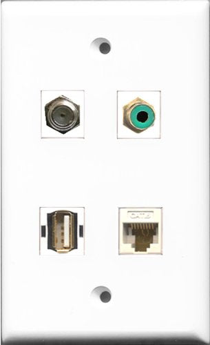 RiteAV 1 Port RCA Green and 1 Port Coax Cable TV- F-Type and 1 Port USB A-A and 1 Port Cat6 Ethernet White Wall Plate