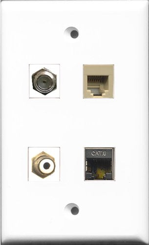 RiteAV 1 Port RCA White and 1 Port Coax Cable TV- F-Type and 1 Port Phone RJ11 RJ12 Beige and 1 Port Shielded Cat6 Ethernet Wall Plate