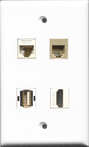 RiteAV 1 Port HDMI and 1 Port USB A-A and 1 Port Phone RJ11 RJ12 Beige and 1 Port Cat6 Ethernet White Wall Plate