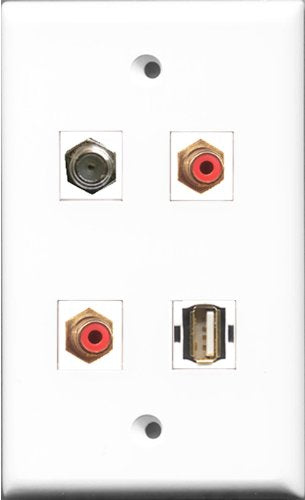 RiteAV - 2 Port RCA Red and 1 Port Coax Cable TV- F-Type and 1 Port USB A-A Wall Plate