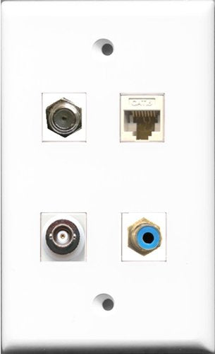 RiteAV 1 Port RCA Blue and 1 Port Coax Cable TV- F-Type and 1 Port BNC and 1 Port Cat6 Ethernet White Wall Plate