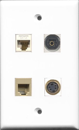 RiteAV 1 Port Phone RJ11 RJ12 Beige and 1 Port S-Video and 1 Port Toslink and 1 Port Cat6 Ethernet White Wall Plate