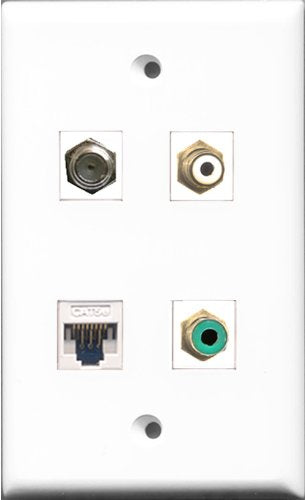 RiteAV 1 Port RCA White and 1 Port RCA Green and 1 Port Coax Cable TV- F-Type and 1 Port Cat5e Ethernet White Wall Plate