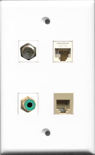 RiteAV 1 Port RCA Green and 1 Port Coax Cable TV- F-Type and 1 Port Phone RJ11 RJ12 Beige and 1 Port Cat6 Ethernet White Wall Plate
