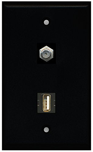 RiteAV - Black 1 Port Coax Cable TV- F-Type 1 Port USB A-A Wall Plate