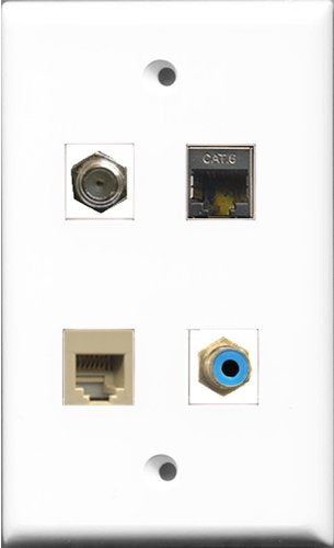 RiteAV 1 Port RCA Blue and 1 Port Coax Cable TV- F-Type and 1 Port Phone RJ11 RJ12 Beige and 1 Port Shielded Cat6 Ethernet Wall Plate
