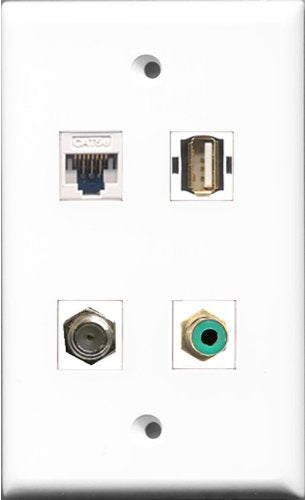 RiteAV 1 Port RCA Green and 1 Port Coax Cable TV- F-Type and 1 Port USB A-A and 1 Port Cat5e Ethernet White Wall Plate