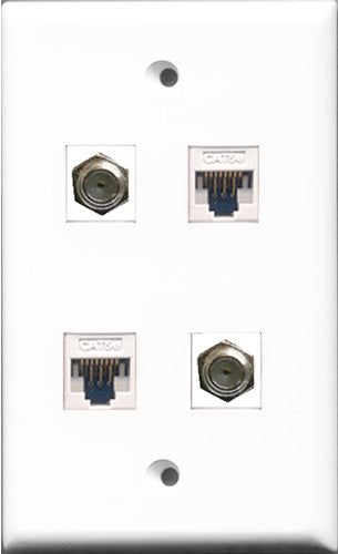 RiteAV - 2 Port Coax Cable TV- F-Type 2 Port Cat5e Ethernet White Wall Plate
