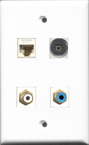 RiteAV 1 Port RCA White and 1 Port RCA Blue and 1 Port Toslink and 1 Port Cat6 Ethernet White Wall Plate