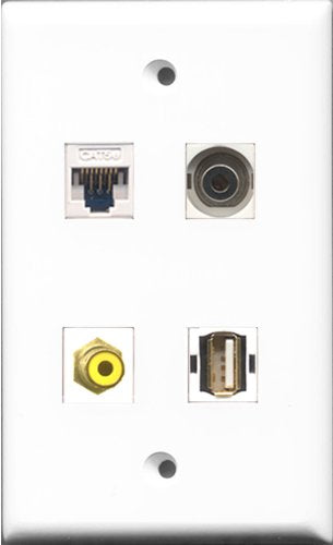 RiteAV - 1 Port RCA Yellow and 1 Port USB A-A and 1 Port 3.5mm and 1 Port Cat5e Ethernet White Wall Plate