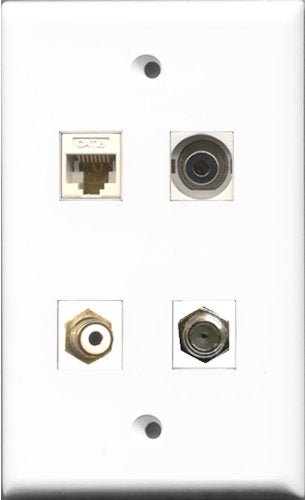 RiteAV 1 Port RCA White and 1 Port Coax Cable TV- F-Type and 1 Port 3.5mm and 1 Port Cat6 Ethernet White Wall Plate