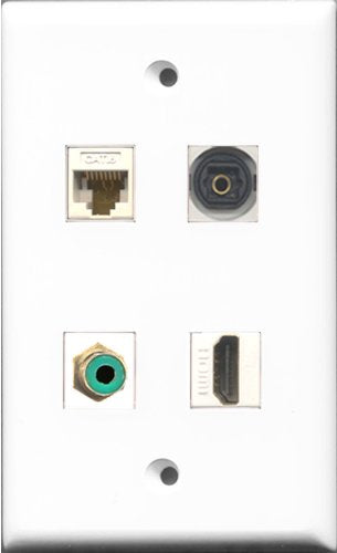 RiteAV 1 Port HDMI and 1 Port RCA Green and 1 Port Toslink and 1 Port Cat6 Ethernet White Wall Plate
