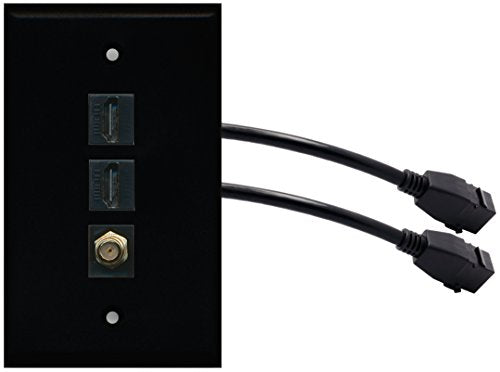 RiteAV (1 Gang Flat) 2 HDMI Black Coax Wall Plate w/ Pigtail Extension Cable Black