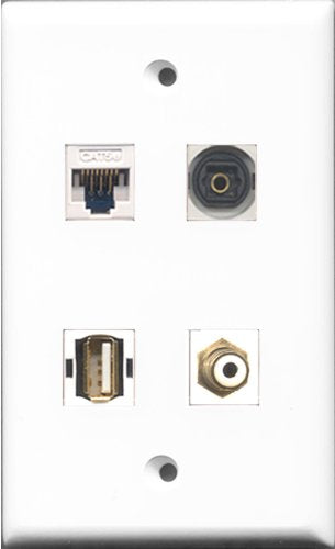 RiteAV 1 Port RCA White and 1 Port USB A-A and 1 Port Toslink and 1 Port Cat5e Ethernet White Wall Plate