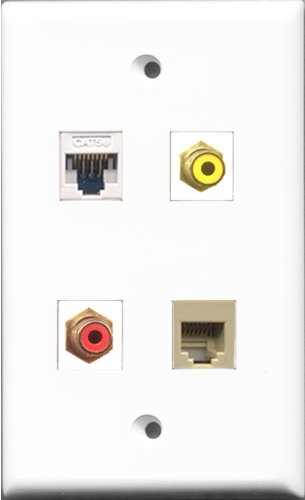 RiteAV 1 Port RCA Red and 1 Port RCA Yellow and 1 Port Phone RJ11 RJ12 Beige and 1 Port Cat5e Ethernet White Wall Plate