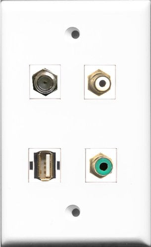 RiteAV 1 Port RCA White and 1 Port RCA Green and 1 Port Coax Cable TV- F-Type and 1 Port USB A-A Wall Plate