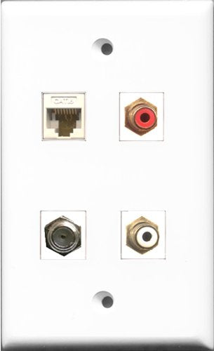 RiteAV 1 Port RCA Red and 1 Port RCA White and 1 Port Coax Cable TV- F-Type and 1 Port Cat6 Ethernet White Wall Plate