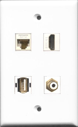RiteAV 1 Port HDMI and 1 Port RCA White and 1 Port USB A-A and 1 Port Cat6 Ethernet White Wall Plate