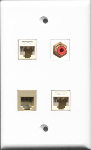 RiteAV 1 Port RCA Red and 1 Port Phone RJ11 RJ12 Beige 2 Port Cat6 Ethernet White Wall Plate