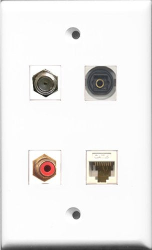 RiteAV 1 Port RCA Red and 1 Port Coax Cable TV- F-Type and 1 Port Toslink and 1 Port Cat6 Ethernet White Wall Plate