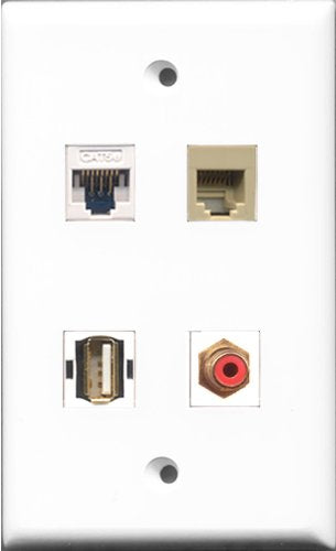 RiteAV 1 Port RCA Red and 1 Port USB A-A and 1 Port Phone RJ11 RJ12 Beige and 1 Port Cat5e Ethernet White Wall Plate