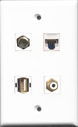RiteAV 1 Port RCA White and 1 Port Coax Cable TV- F-Type and 1 Port USB A-A and 1 Port Cat5e Ethernet White Wall Plate