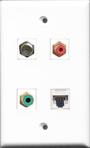 RiteAV 1 Port RCA Red and 1 Port RCA Green and 1 Port Coax Cable TV- F-Type and 1 Port Cat5e Ethernet White Wall Plate