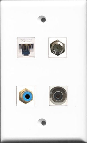 RiteAV - 1 Port RCA Blue and 1 Port Coax Cable TV- F-Type and 1 Port 3.5mm and 1 Port Cat5e Ethernet White Wall Plate