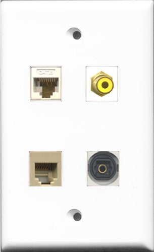 RiteAV 1 Port RCA Yellow and 1 Port Phone RJ11 RJ12 Beige and 1 Port Toslink and 1 Port Cat6 Ethernet White Wall Plate