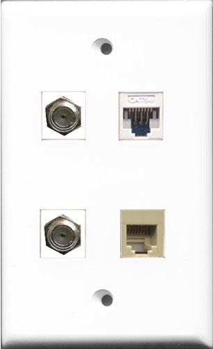 RiteAV - 2 Port Coax Cable TV- F-Type and 1 Port Phone RJ11 RJ12 Beige and 1 Port Cat5e Ethernet White Wall Plate