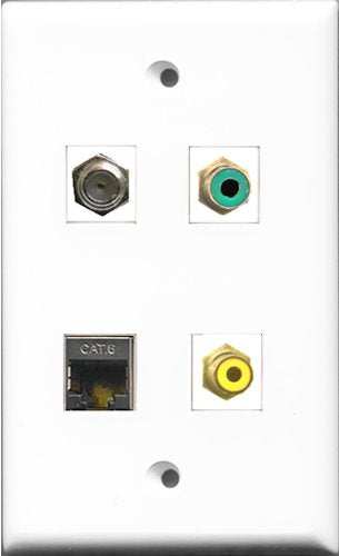 RiteAV 1 Port RCA Yellow and 1 Port RCA Green and 1 Port Coax Cable TV- F-Type and 1 Port Shielded Cat6 Ethernet Wall Plate