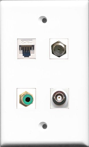 RiteAV - 1 Port RCA Green and 1 Port Coax Cable TV- F-Type and 1 Port BNC and 1 Port Cat5e Ethernet White Wall Plate