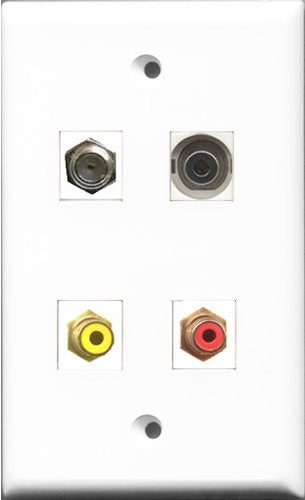 RiteAV 1 Port RCA Red and 1 Port RCA Yellow and 1 Port Coax Cable TV- F-Type and 1 Port 3.5mm Wall Plate