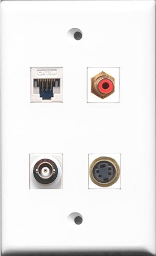 RiteAV 1 Port RCA Red and 1 Port S-Video and 1 Port BNC and 1 Port Cat5e Ethernet White Wall Plate