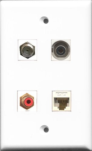 RiteAV 1 Port RCA Red and 1 Port Coax Cable TV- F-Type and 1 Port 3.5mm and 1 Port Cat6 Ethernet White Wall Plate