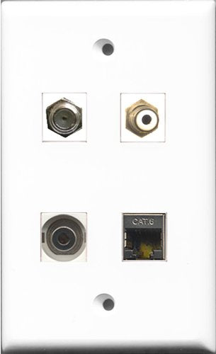 RiteAV 1 Port RCA White and 1 Port Coax Cable TV- F-Type and 1 Port Shielded Cat6 Ethernet and 1 Port 3.5mm Wall Plate