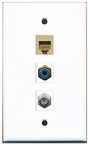 RiteAV - 1 Port RCA Blue and 1 Port Coax Cable TV- F-Type and 1 Port Phone RJ11 RJ12 Beige Wall Plate