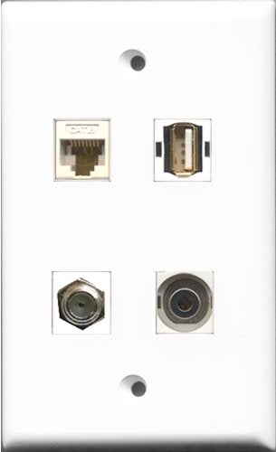 RiteAV 1 Port Coax Cable TV- F-Type and 1 Port USB A-A and 1 Port 3.5mm and 1 Port Cat6 Ethernet White Wall Plate