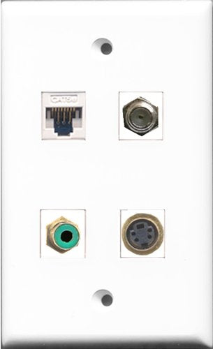RiteAV - 1 Port RCA Green and 1 Port Coax Cable TV- F-Type and 1 Port S-Video and 1 Port Cat5e Ethernet White Wall Plate