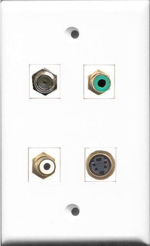 RiteAV 1 Port RCA White and 1 Port RCA Green and 1 Port Coax Cable TV- F-Type and 1 Port S-Video Wall Plate