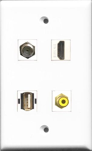 RiteAV 1 Port HDMI and 1 Port RCA Yellow and 1 Port Coax Cable TV- F-Type and 1 Port USB A-A Wall Plate