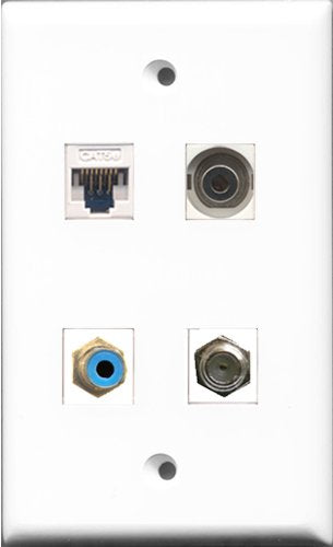 RiteAV - 1 Port RCA Blue and 1 Port Coax Cable TV- F-Type and 1 Port 3.5mm and 1 Port Cat5e Ethernet White Wall Plate