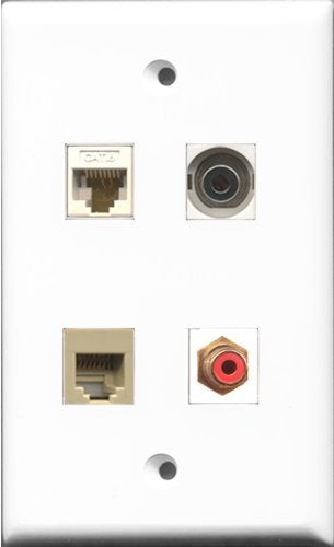 RiteAV 1 Port RCA Red and 1 Port Phone RJ11 RJ12 Beige and 1 Port 3.5mm and 1 Port Cat6 Ethernet White Wall Plate
