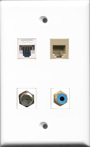 RiteAV 1 Port RCA Blue and 1 Port Coax Cable TV- F-Type and 1 Port Phone RJ11 RJ12 Beige and 1 Port Cat5e Ethernet White Wall Plate