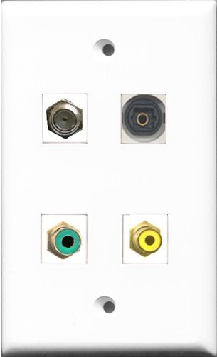 RiteAV 1 Port RCA Yellow and 1 Port RCA Green and 1 Port Coax Cable TV- F-Type and 1 Port Toslink Wall Plate