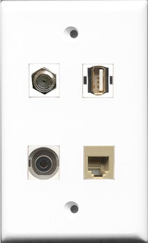 RiteAV 1 Port Coax Cable TV- F-Type and 1 Port USB A-A and 1 Port Phone RJ11 RJ12 Beige and 1 Port 3.5mm Wall Plate