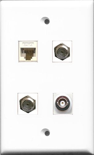 RiteAV - 2 Port Coax Cable TV- F-Type and 1 Port BNC and 1 Port Cat6 Ethernet White Wall Plate