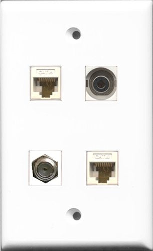 RiteAV 1 Port Coax Cable TV- F-Type and 1 Port 3.5mm 2 Port Cat6 Ethernet White Wall Plate