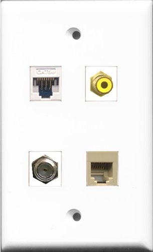 RiteAV 1 Port RCA Yellow and 1 Port Coax Cable TV- F-Type and 1 Port Phone RJ11 RJ12 Beige and 1 Port Cat5e Ethernet White Wall Plate